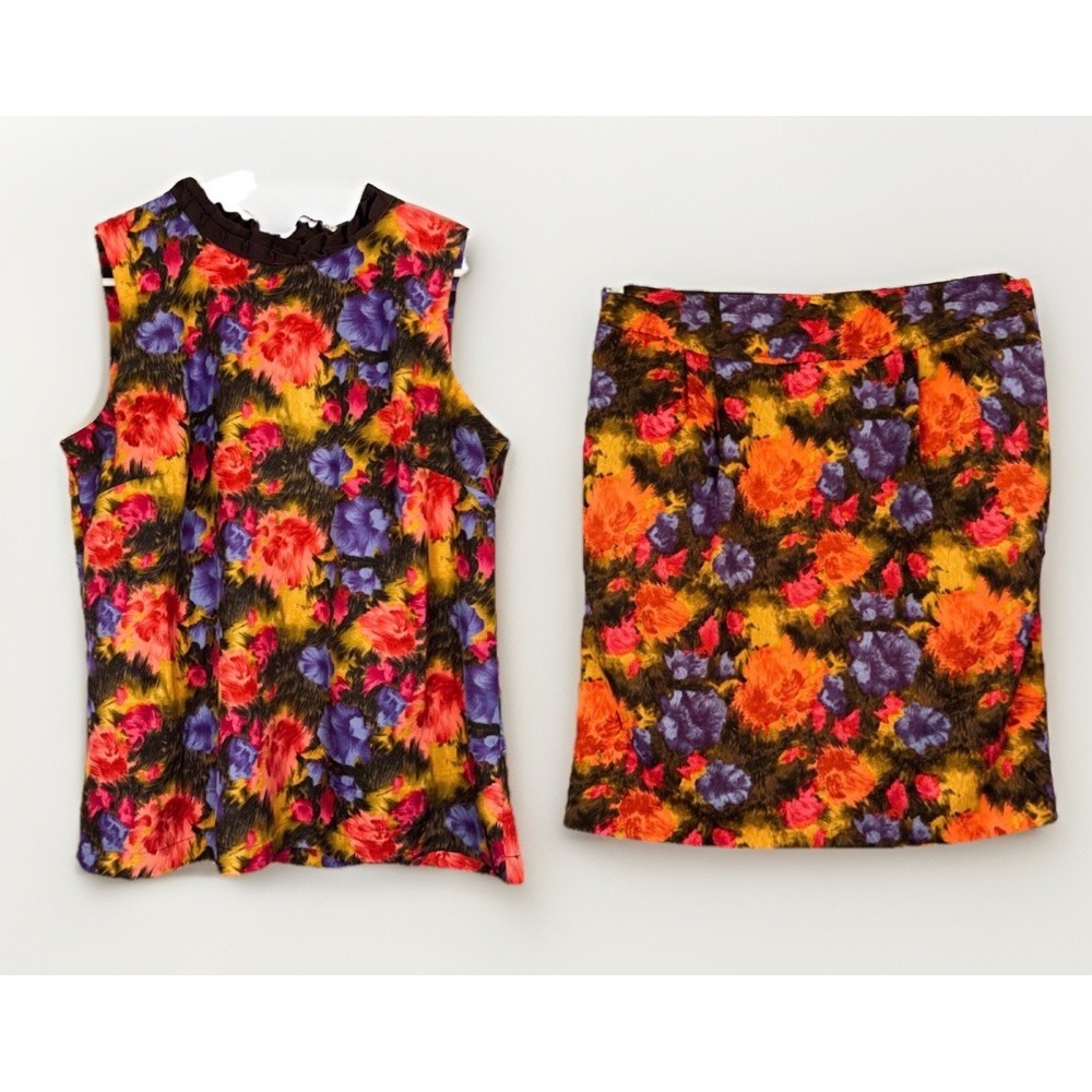 Silk Cotton 2 PC Set Artsy Floral Knee Skirt 10 & Ruffle High Neck Tank Top‎ LG